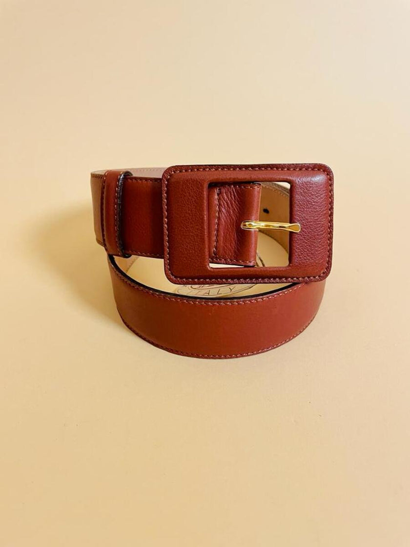 Vintage cognac leather belt with leather-wrapped rectangular buckle