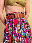Vintage cognac leather belt with leather-wrapped rectangular buckle