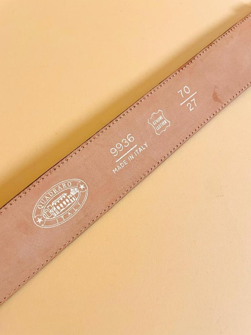Vintage cognac leather belt with leather-wrapped rectangular buckle