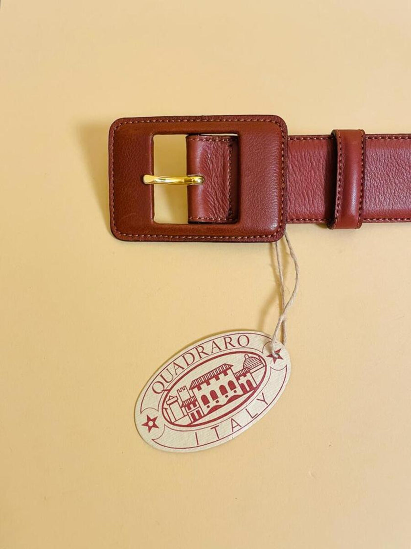 Vintage cognac leather belt with leather-wrapped rectangular buckle