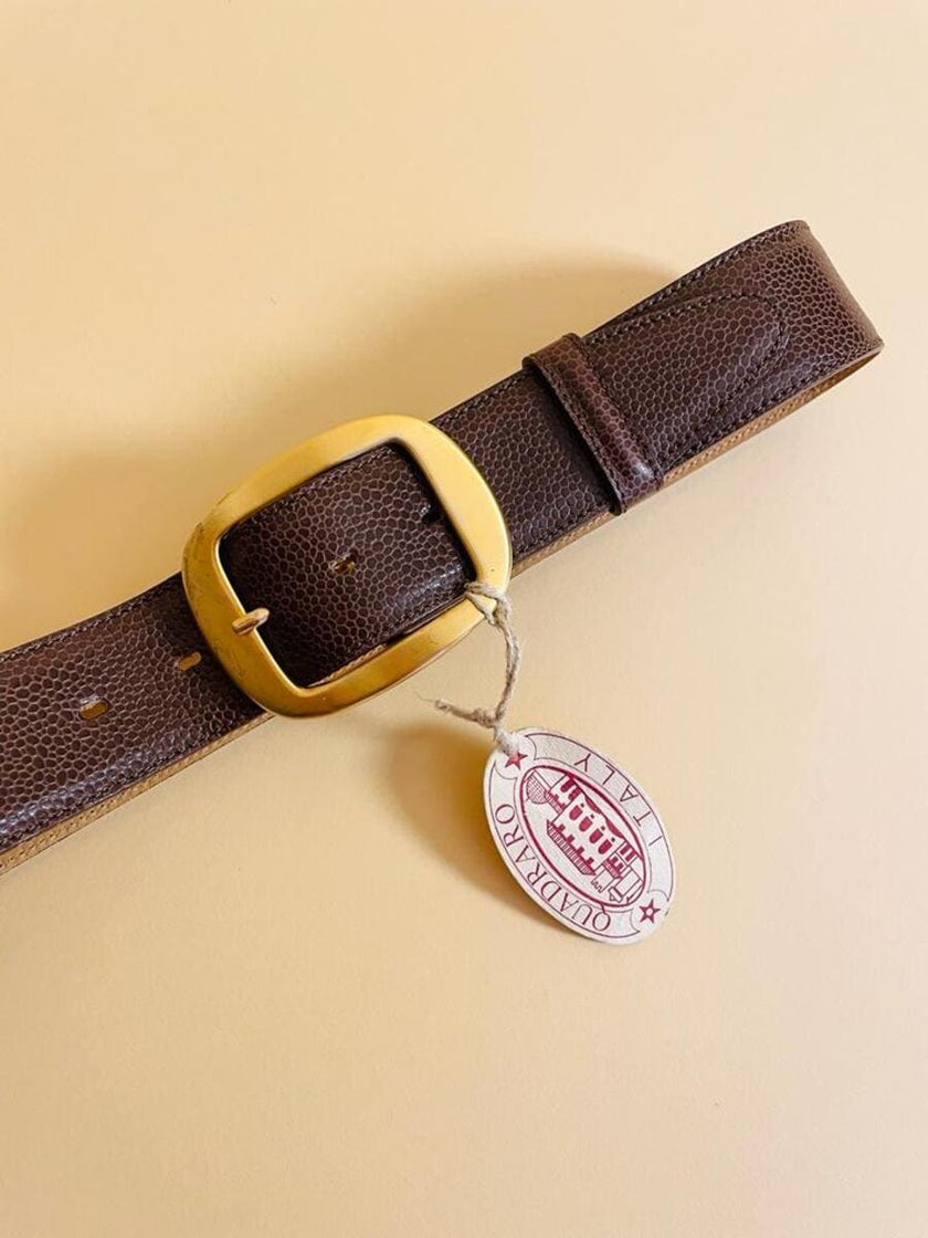 Cintura in pelle stampa tejus color ebano con maxi fibbia oro satinato