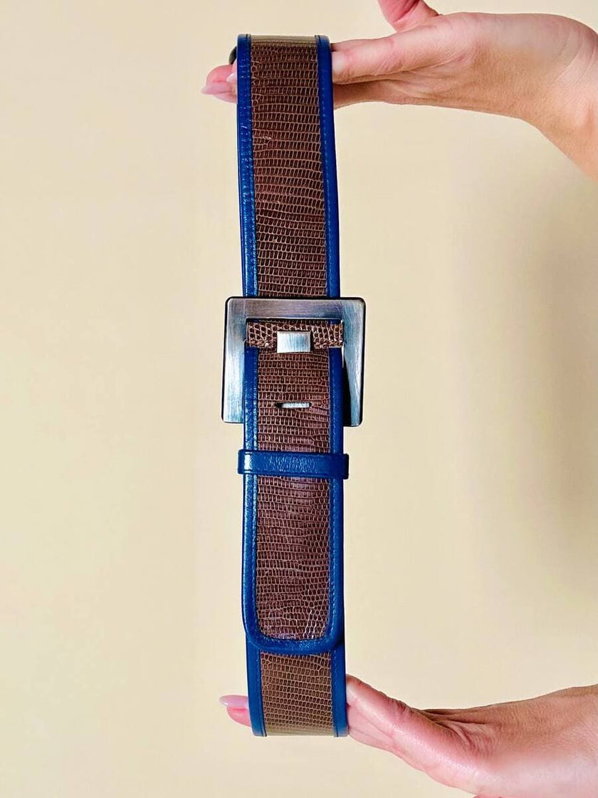 Cintura in Tejus tortora con profili blu petrolio 