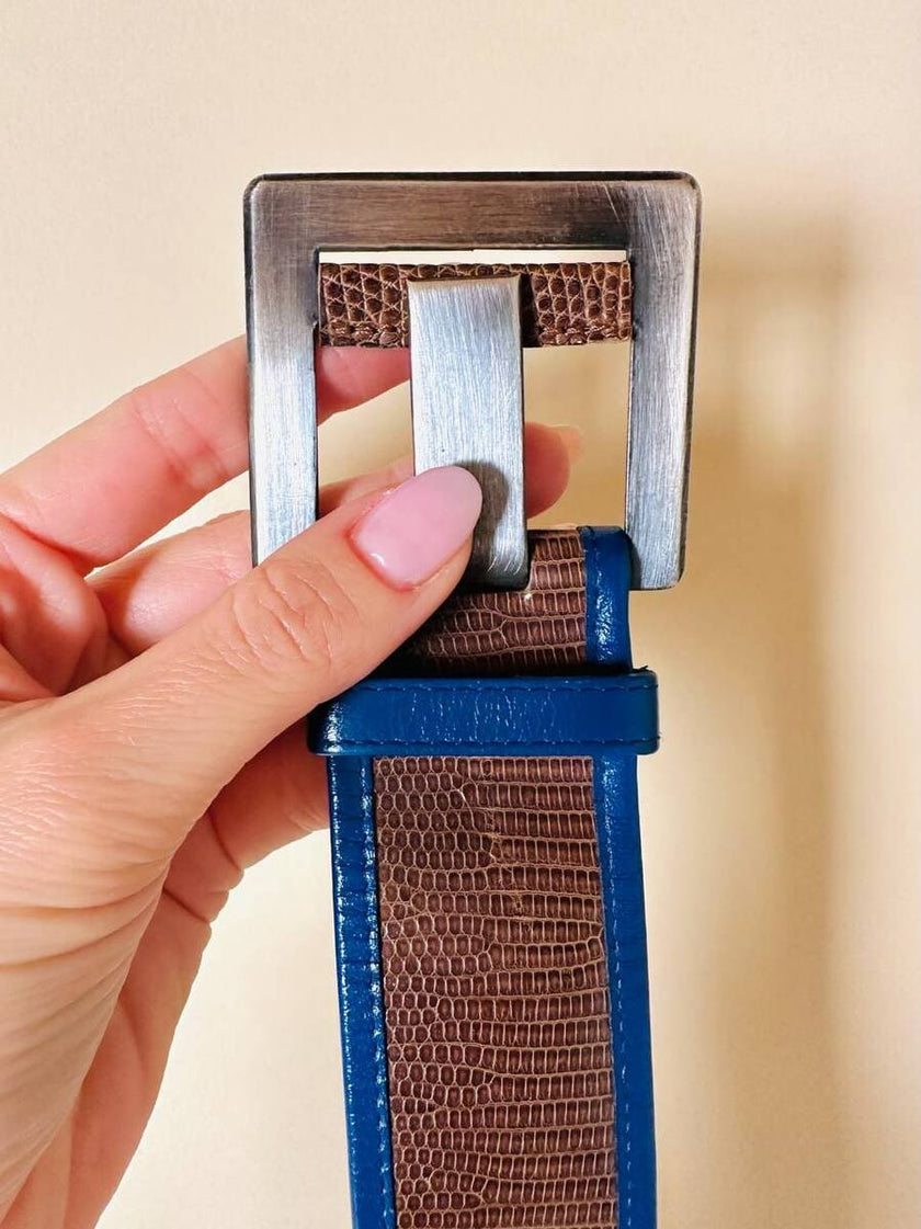 Cintura in Tejus tortora con profili blu petrolio 