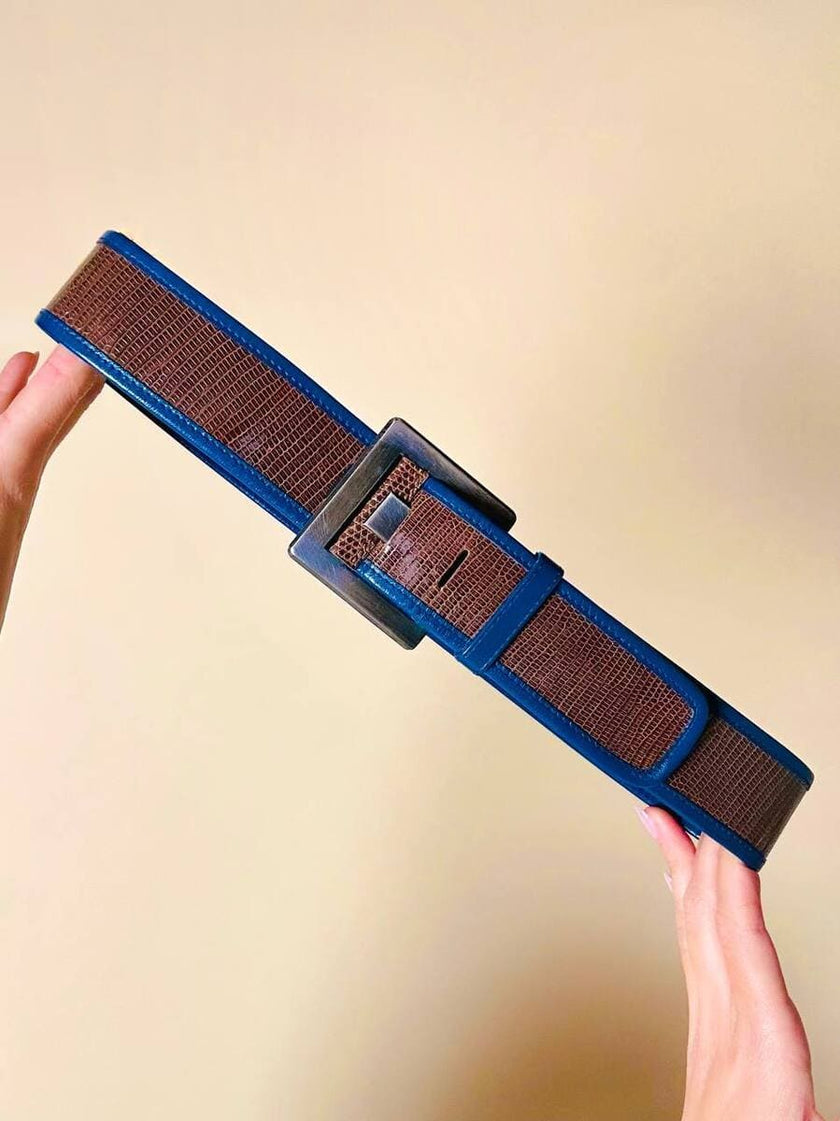 Cintura in Tejus tortora con profili blu petrolio 