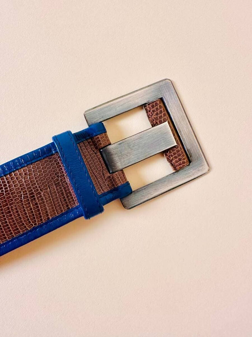 Cintura in Tejus tortora con profili blu petrolio 
