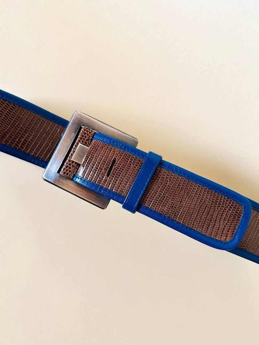 Cintura in Tejus tortora con profili blu petrolio 