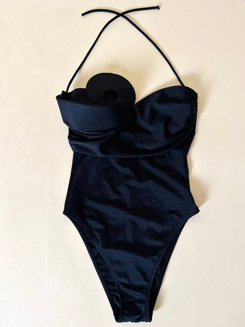Costume intero nero con coppe preformate e dettaglio a riccio “La Perla”