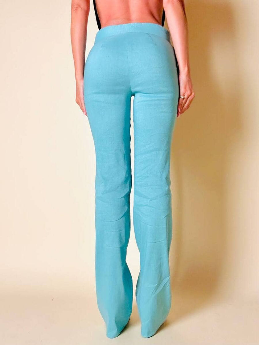 Ensemble top/pantalone turchese in lino e whips “Paola Frani”