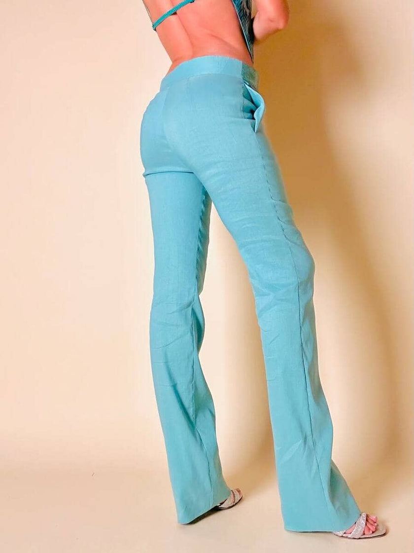 Ensemble top/pantalone turchese in lino e whips “Paola Frani”