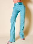 Ensemble top/pantalone turchese in lino e whips “Paola Frani”