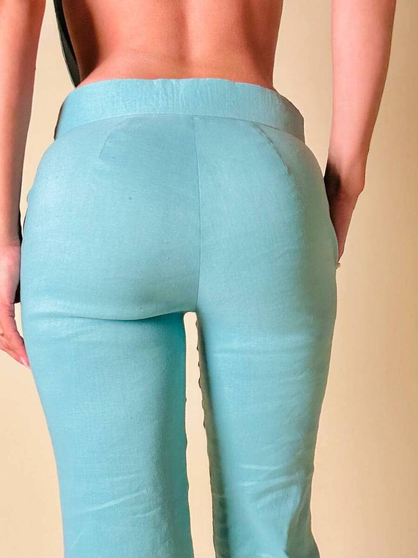 Ensemble top/pantalone turchese in lino e whips “Paola Frani”