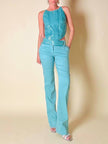 Ensemble top/pantalone turchese in lino e whips “Paola Frani”