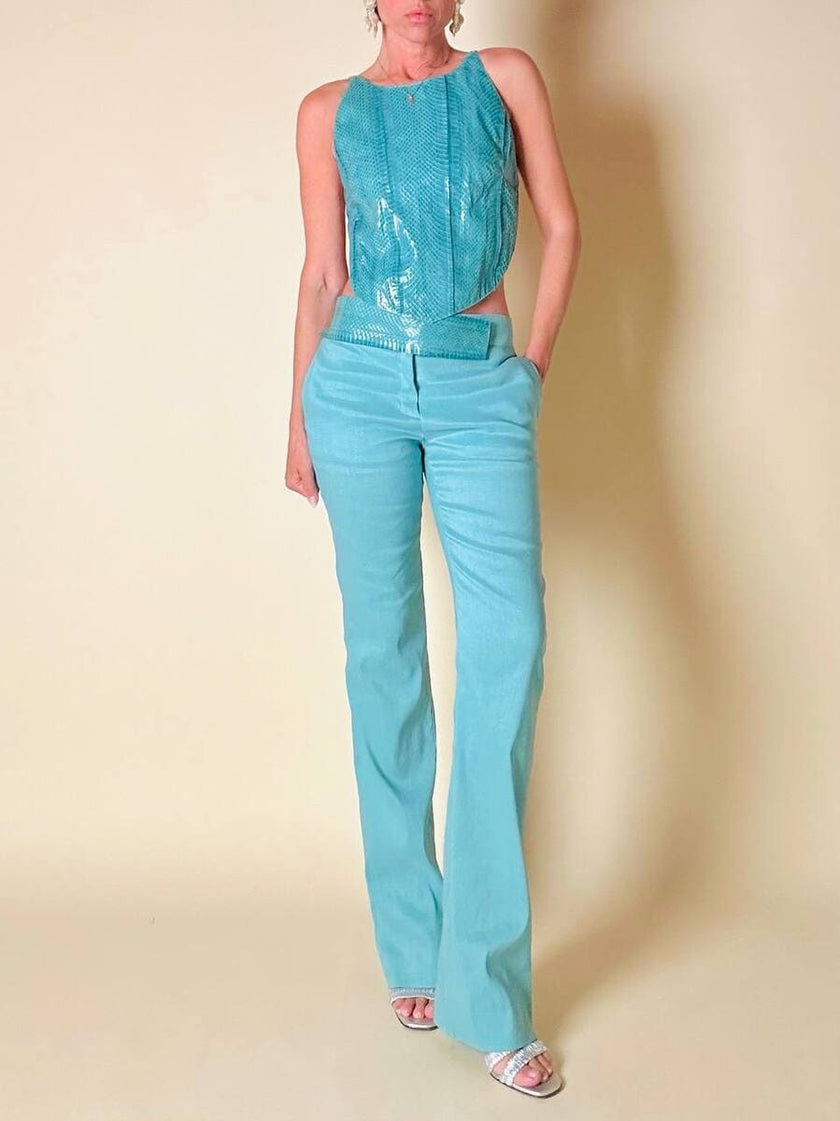 Ensemble top/pantalone turchese in lino e whips “Paola Frani”