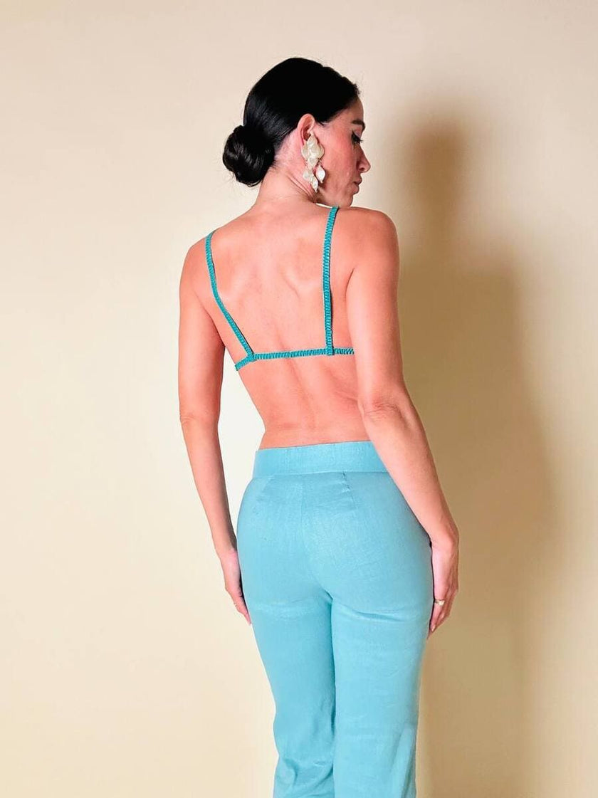 Ensemble top/pantalone turchese in lino e whips “Paola Frani”