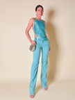 Ensemble top/pantalone turchese in lino e whips “Paola Frani”
