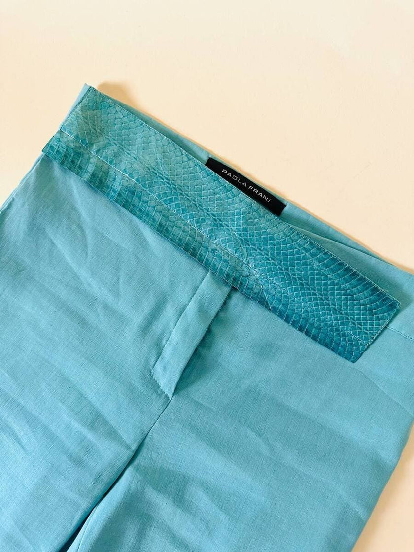 Ensemble top/pantalone turchese in lino e whips “Paola Frani”