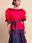 Ensemble in seta rosso e nero fantasia pois 