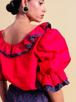 Ensemble in seta rosso e nero fantasia pois 
