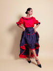 Ensemble in seta rosso e nero fantasia pois 