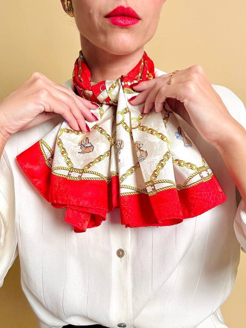 Foulard in seta Jaquard fantasia barocca con cagnolini 