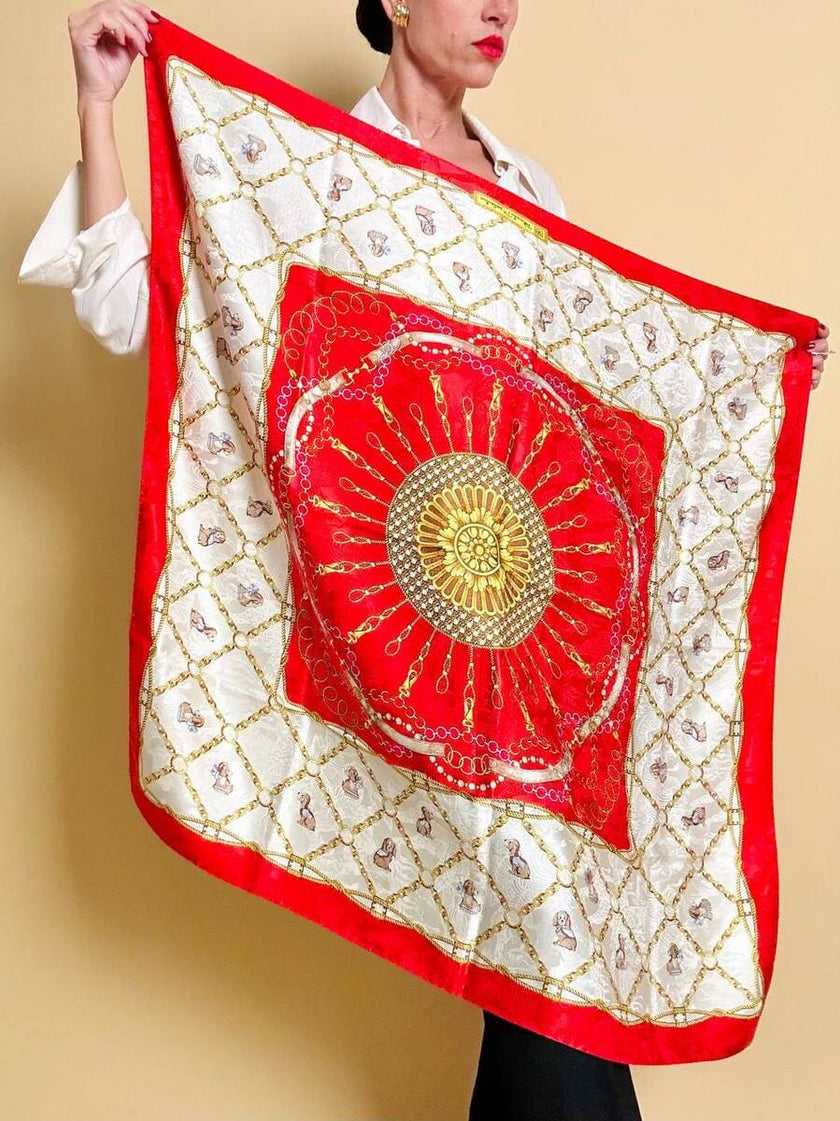 Foulard in seta Jaquard fantasia barocca con cagnolini 