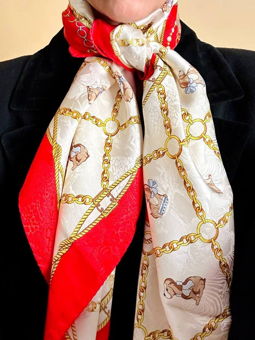 Foulard in seta Jaquard fantasia barocca con cagnolini 