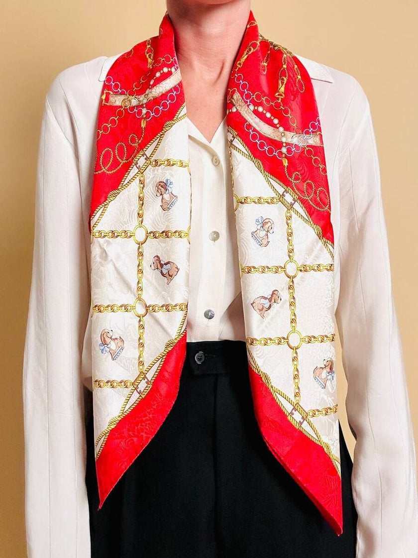 Foulard in seta Jaquard fantasia barocca con cagnolini 