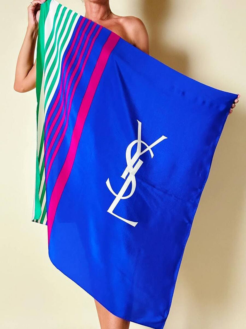 Foulard in seta multicolor con maxi logo “Yves Saint Laurent”