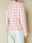 Giacca sartoriale in tweed rosa e bianco con bottoni gioiello