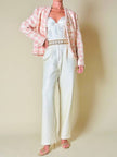 Giacca sartoriale in tweed rosa e bianco con bottoni gioiello