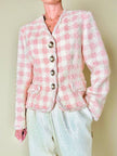 Giacca sartoriale in tweed rosa e bianco con bottoni gioiello