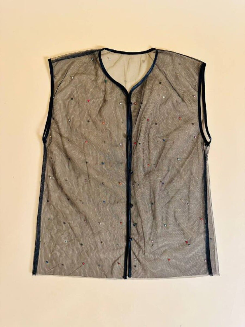 Gilet in tulle nero con strass multicolor