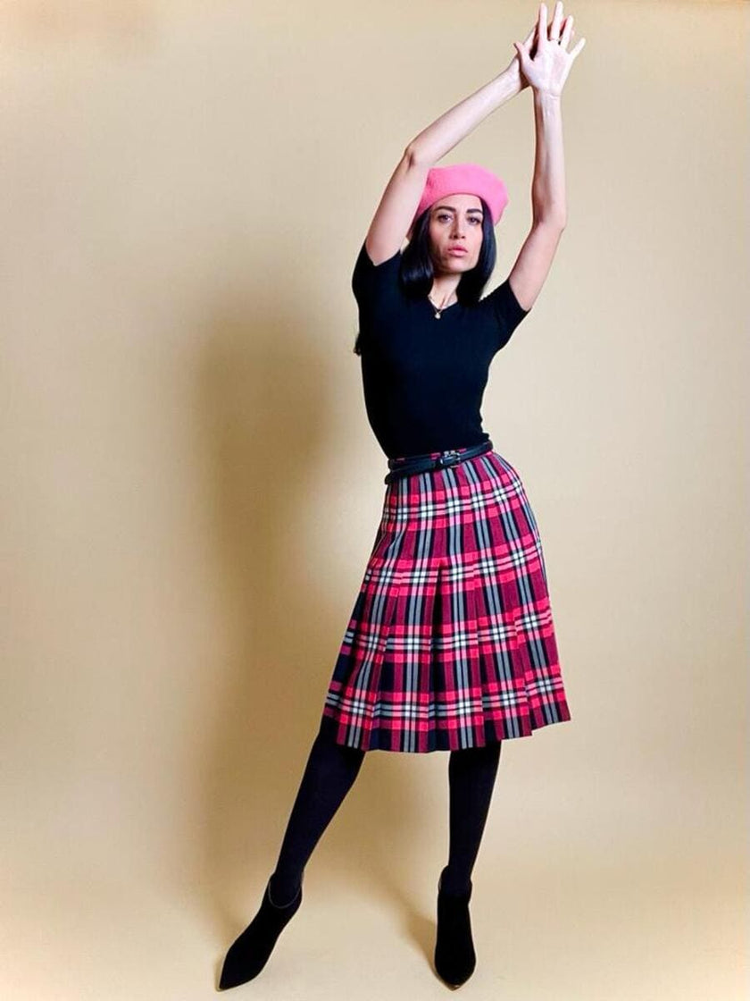 Gonna sartoriale a pieghe fantasia tartan fucsia e nera