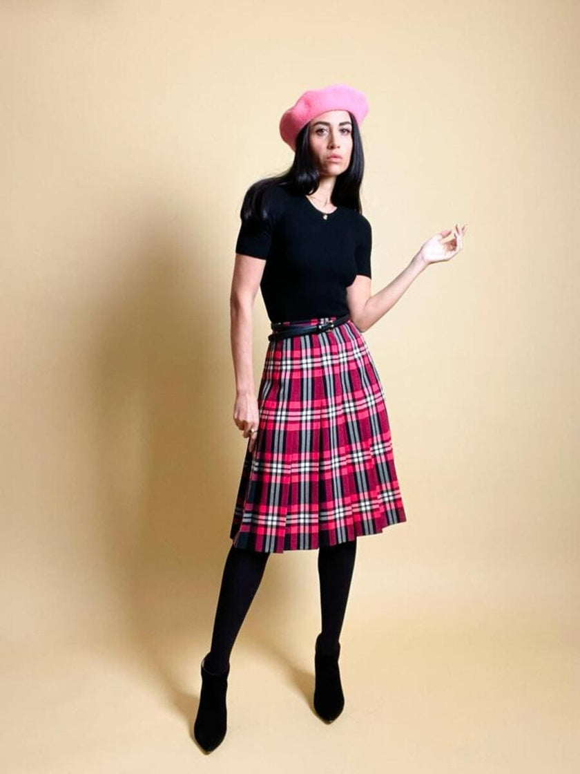 Gonna sartoriale a pieghe fantasia tartan fucsia e nera
