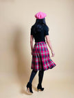 Gonna sartoriale a pieghe fantasia tartan fucsia e nera