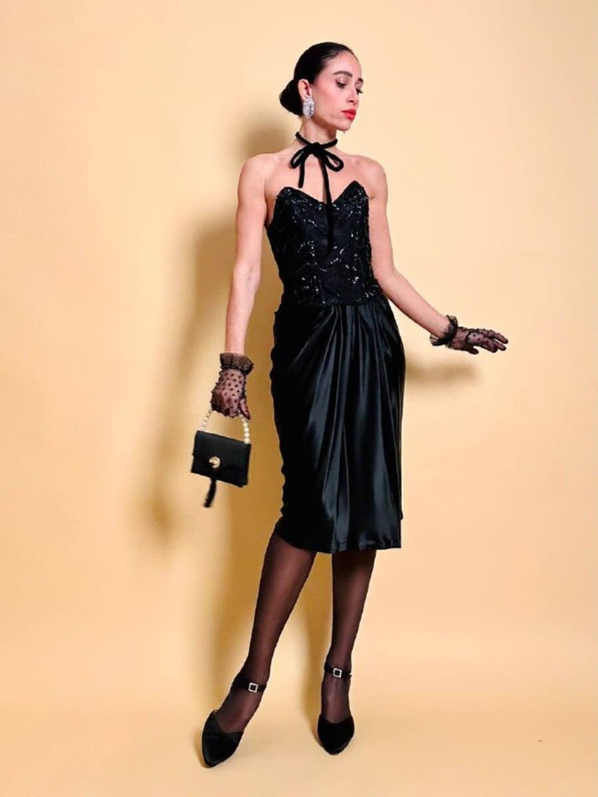 Gonna a portafoglio in raso nero drappeggiato “Yves Saint Laurent”