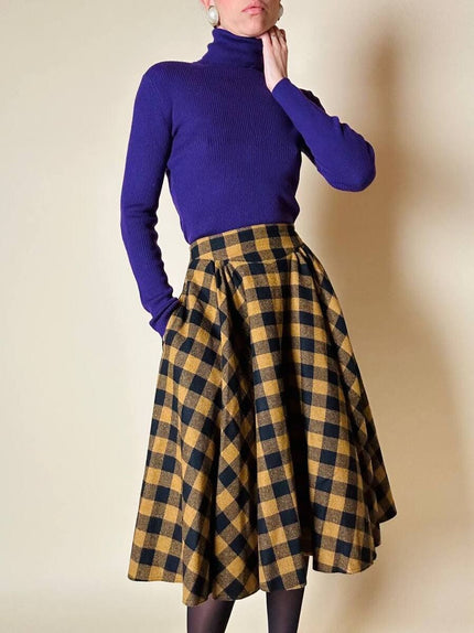 Gonna a ruota in lana fantasia damier giallo e nero