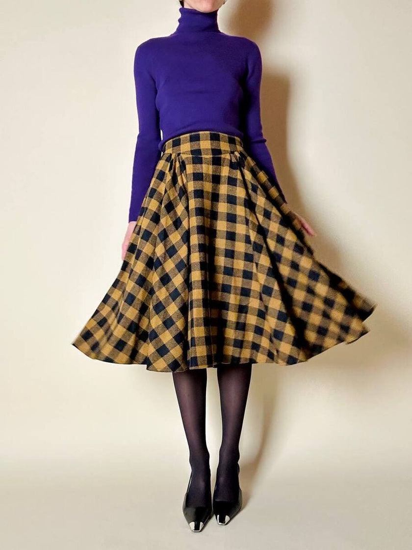 Jupe évasée en laine à motif damier jaune et noir