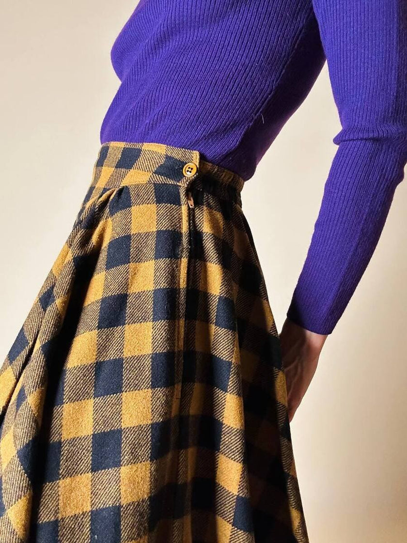 Jupe évasée en laine à motif damier jaune et noir