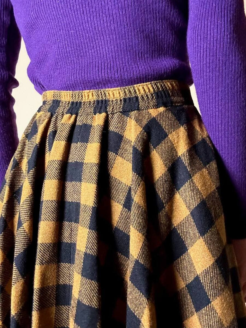 Jupe évasée en laine à motif damier jaune et noir