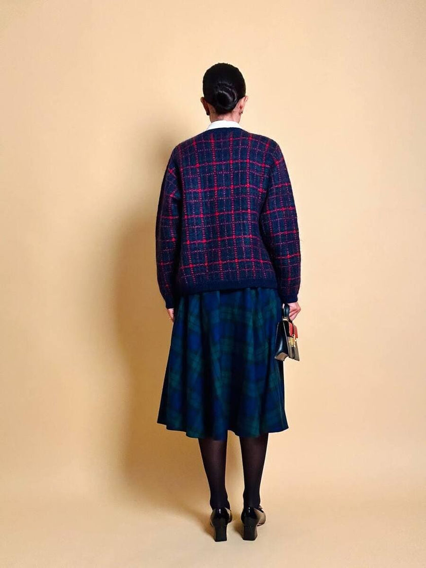 Gonna a ruota in lana tartan nei toni del verde e blu