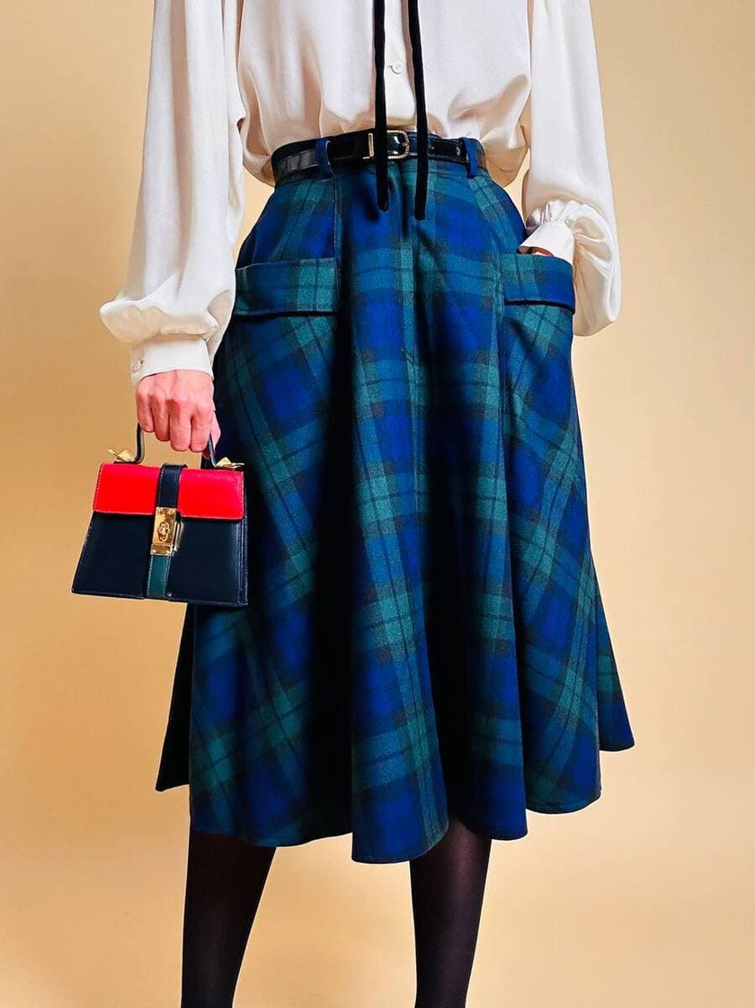 Gonna a ruota in lana tartan nei toni del verde e blu