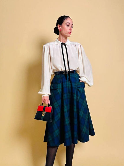 Gonna a ruota in lana tartan nei toni del verde e blu