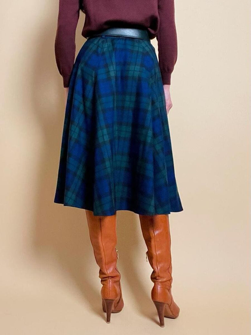 Gonna a ruota in lana tartan nei toni del verde e blu