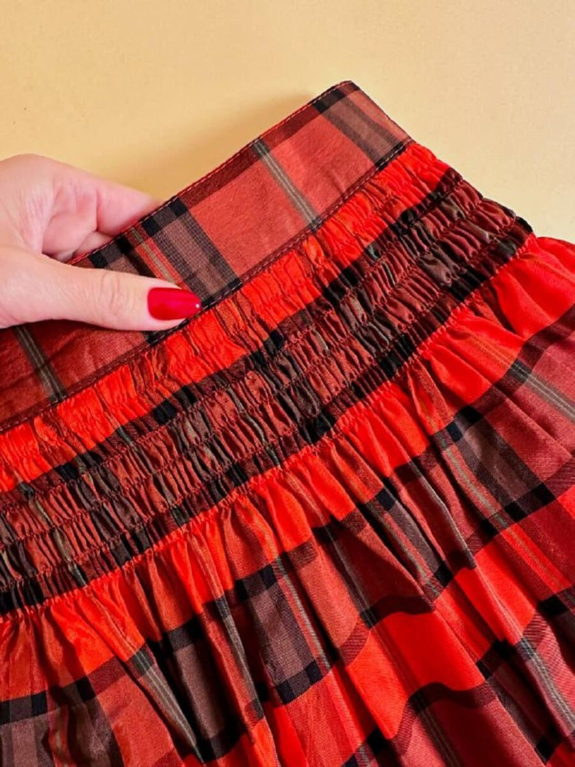 Gonna in taffetà rosso fantasia tartan 