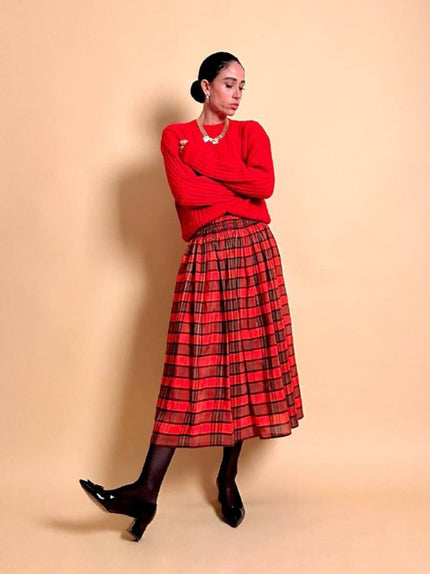 Gonna in taffetà rosso fantasia tartan 