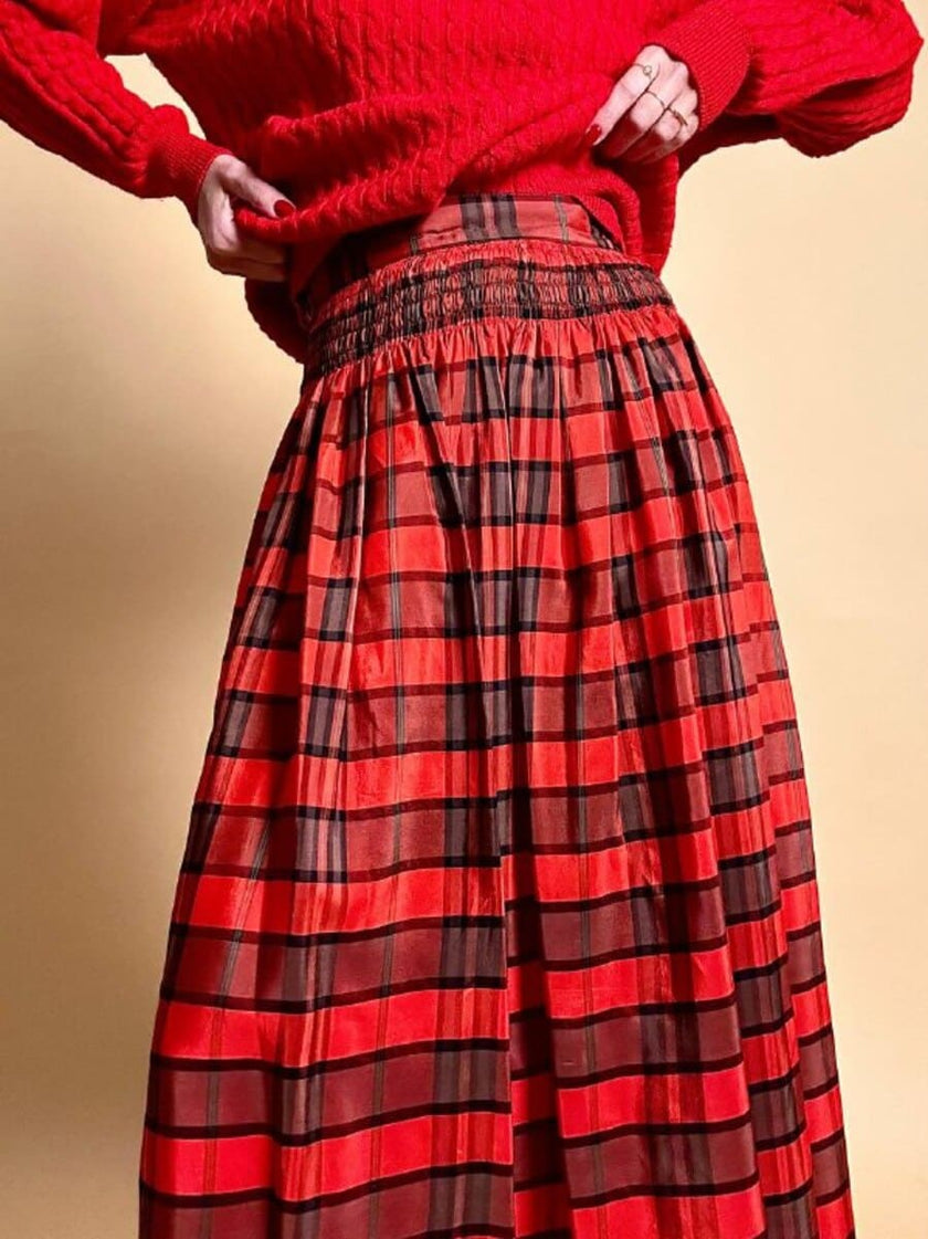 Gonna in taffetà rosso fantasia tartan 