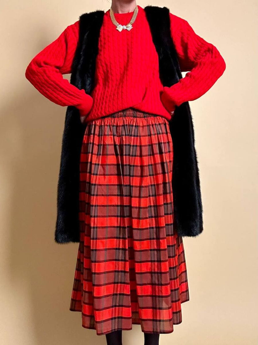 Gonna in taffetà rosso fantasia tartan 