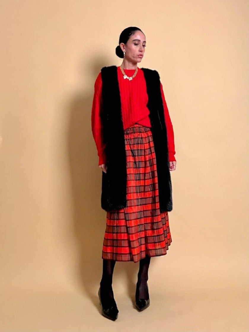 Gonna in taffetà rosso fantasia tartan 