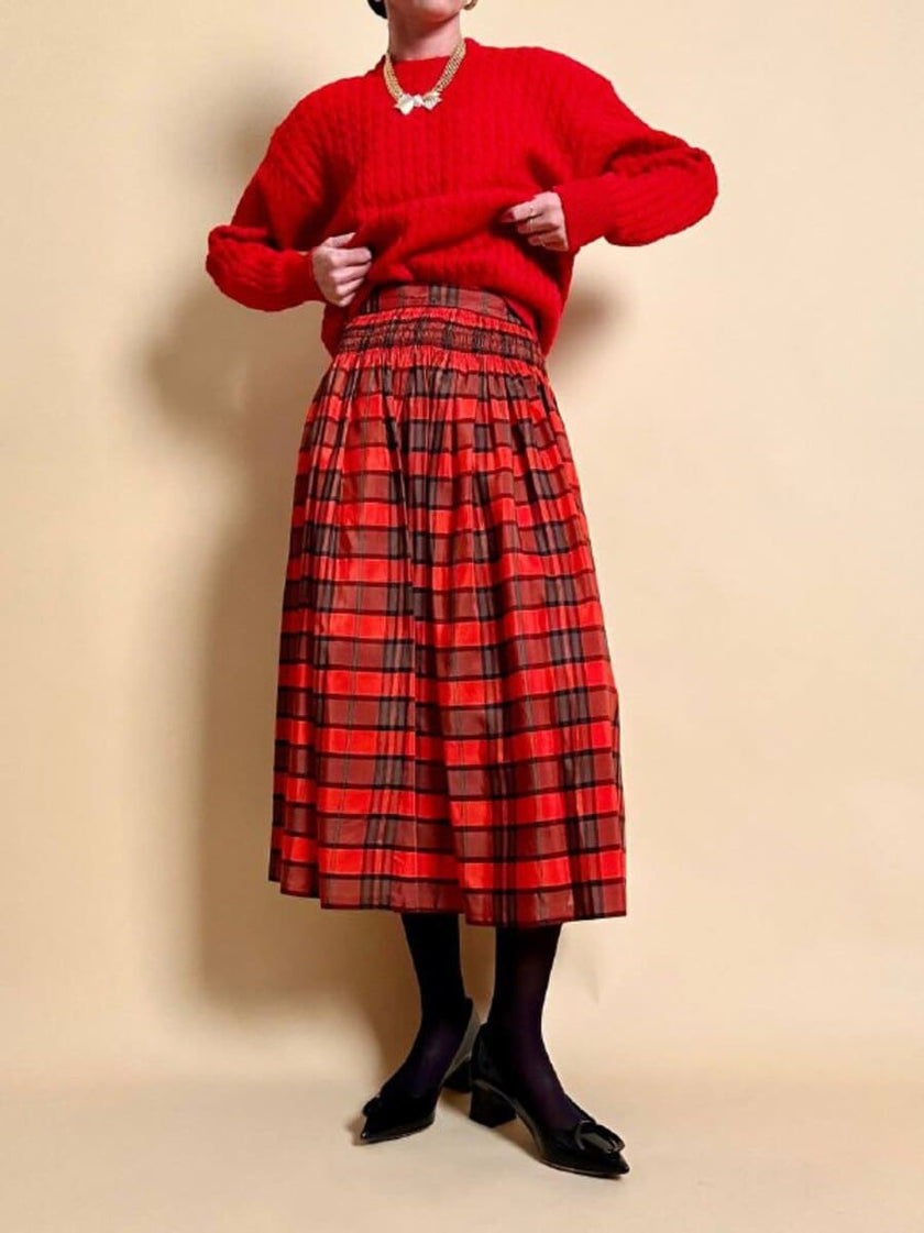 Gonna in taffetà rosso fantasia tartan 